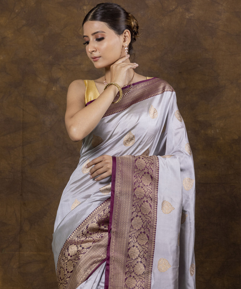 Grey maroon border silk handwoven banarasi saree