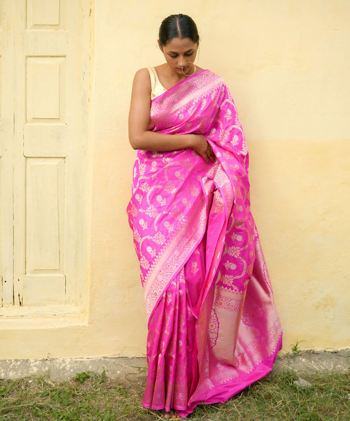 Rani pink jangla banarasi handwoven silk saree