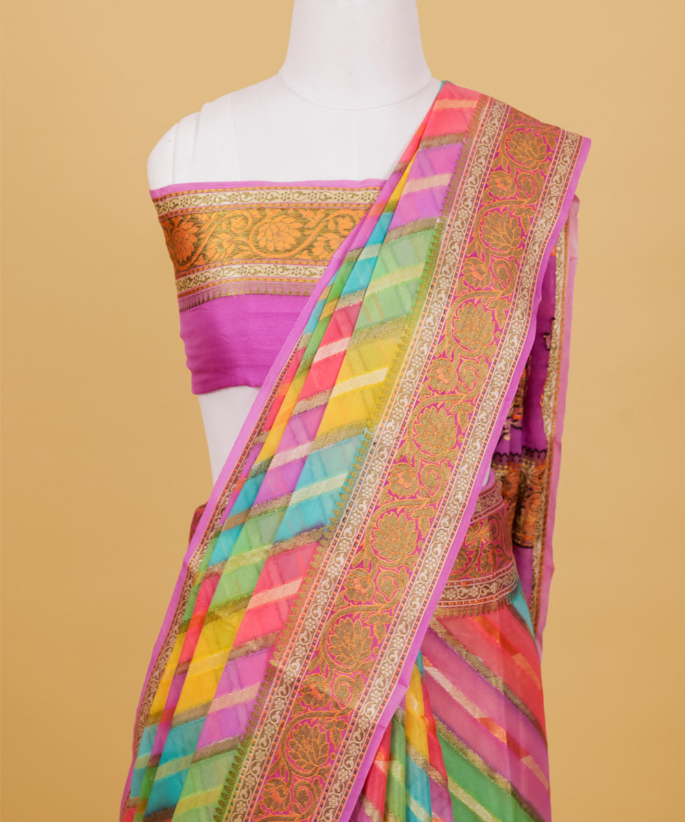 Lavender diagonal stripe silk handwoven banarasi saree