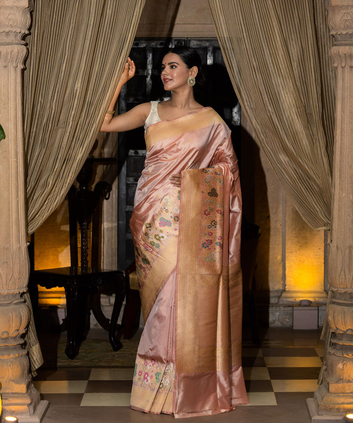 Beige handwoven banarasi silk saree