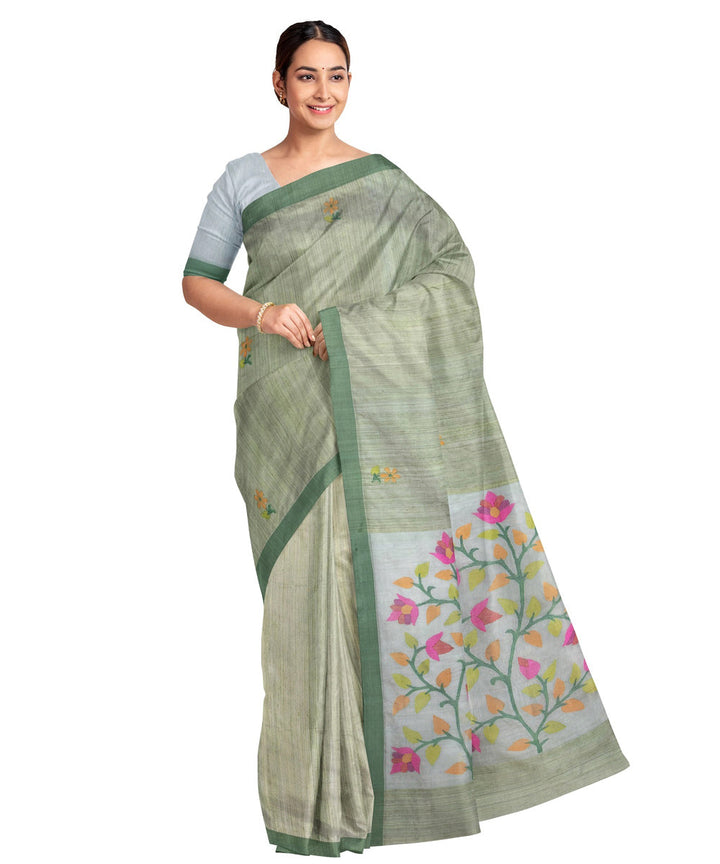 Dark green handloom jamdani silk saree