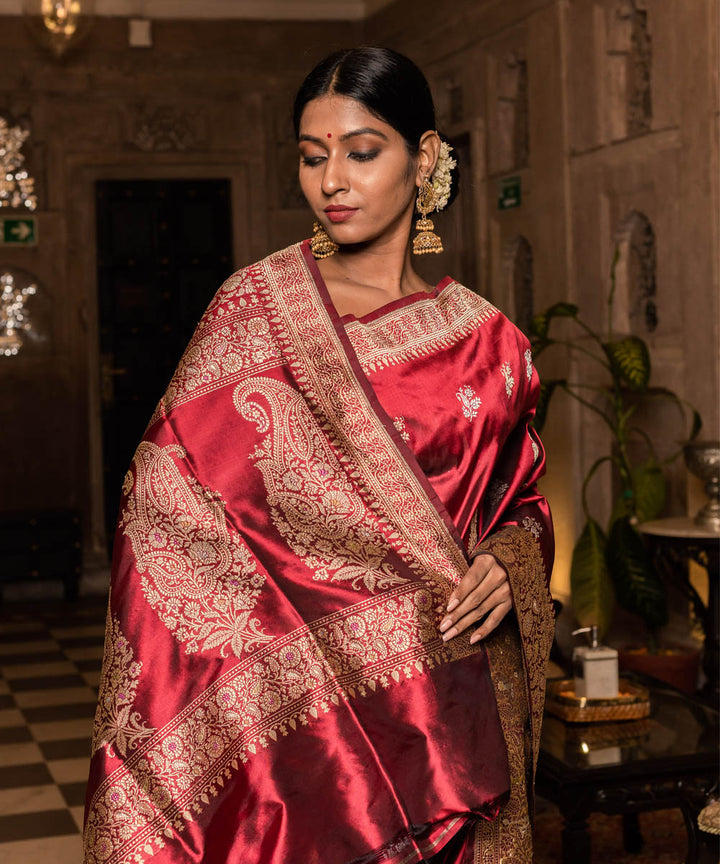 Maroon boota silk handwoven banarasi saree