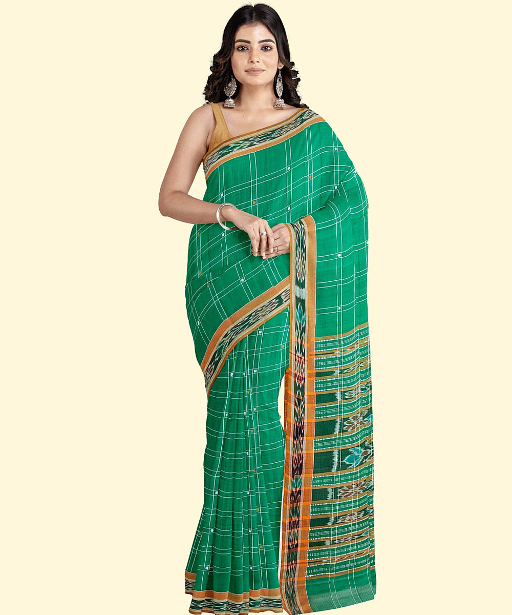 Lime green brown cotton handwoven nuapatna saree