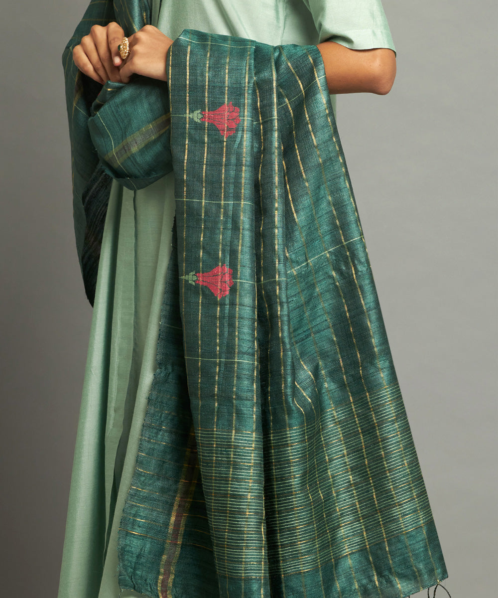 Dark green tussar silk handwoven kosa dupatta