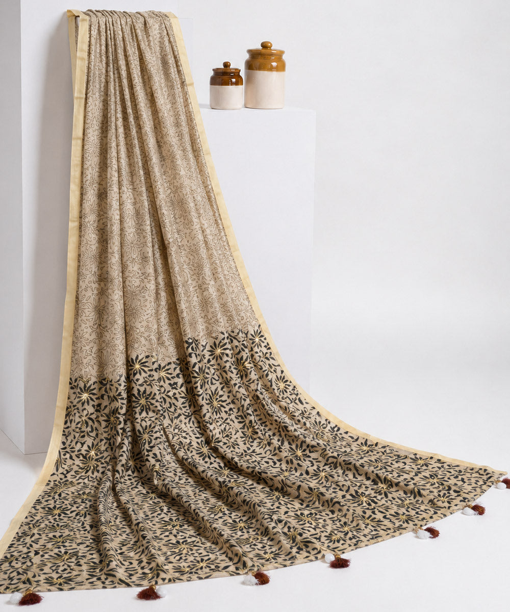 Brown black hand embroidered chanderi silk saree
