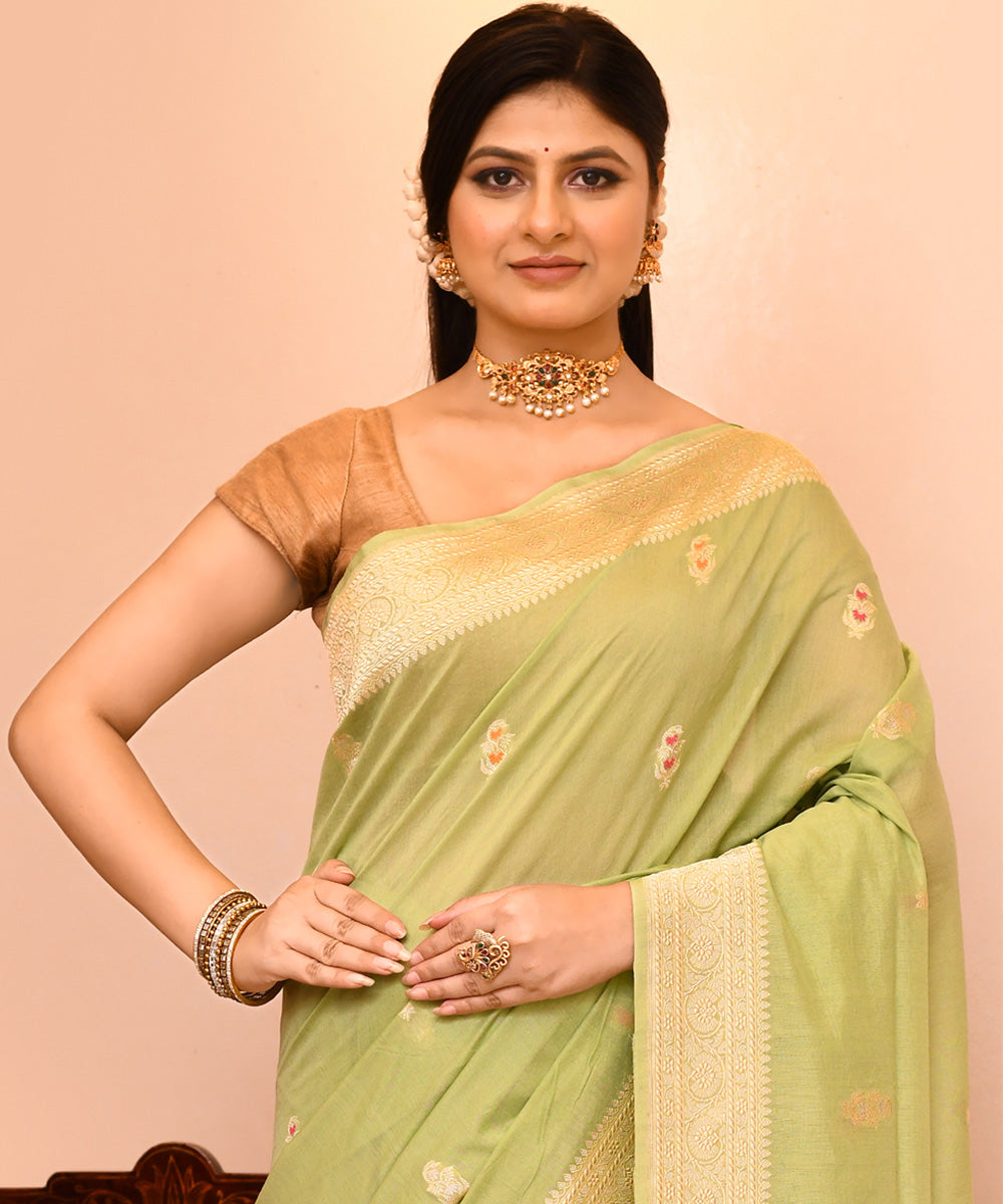Lime green handwoven banarasi silk saree