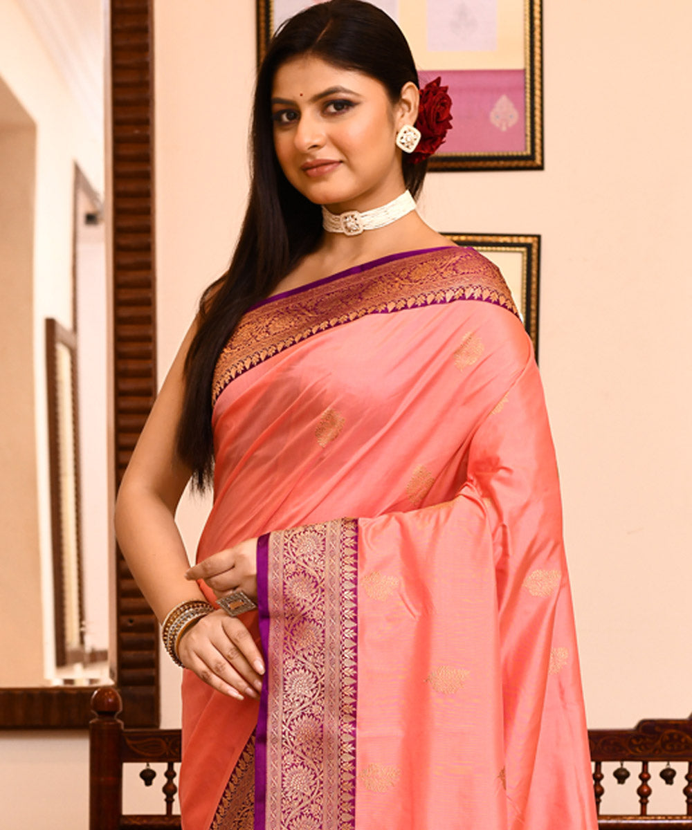 Peach violet silk handwoven banarasi saree