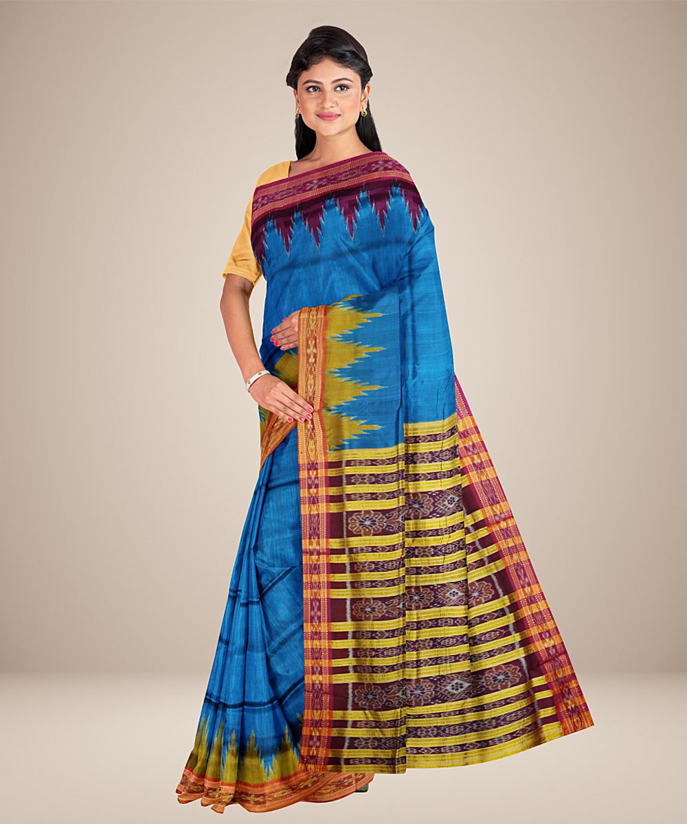 Cyan blue multicolour silk handwoven khandua saree