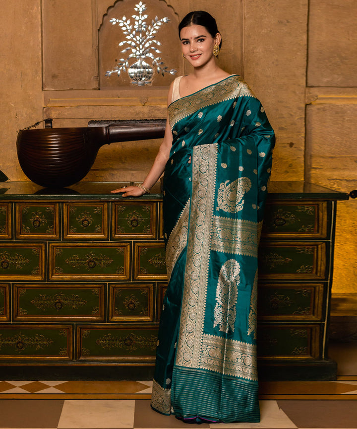 Greenish blue handwoven banarasi silk saree