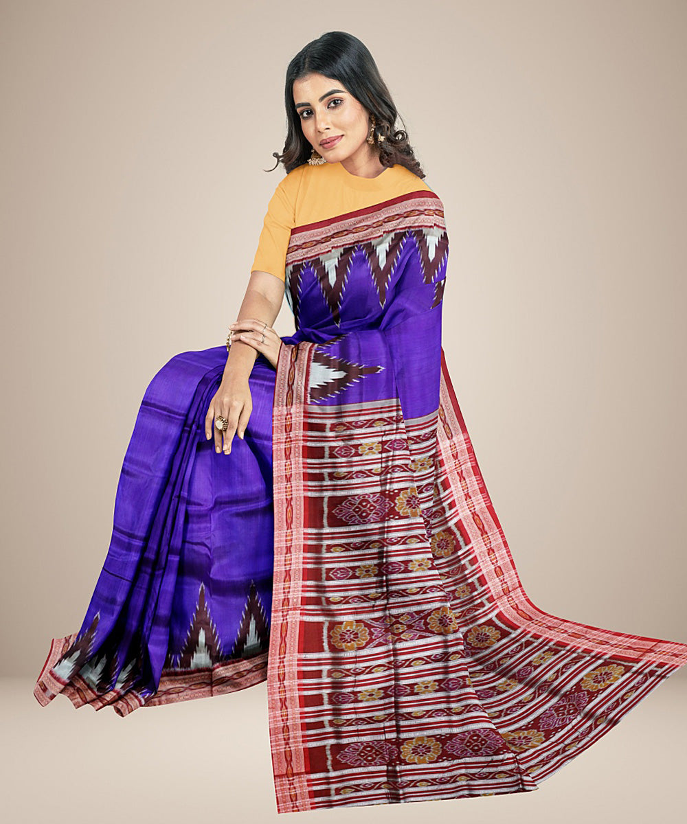 Navy blue red silk handwoven khandua saree