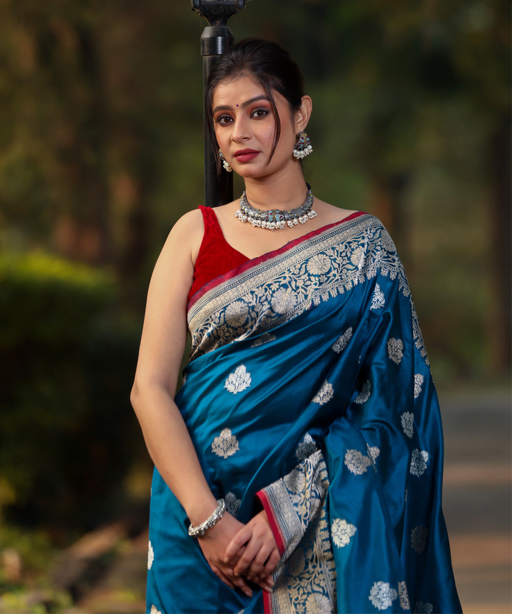 Teal blue red silk handwoven banarasi saree