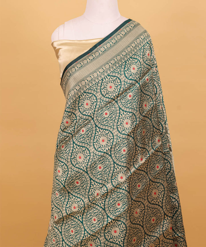 Dark green jangla silk handwoven banarasi saree