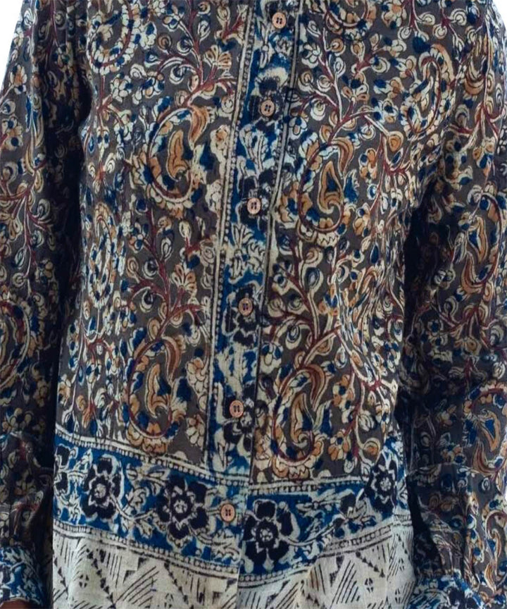 Bottle green handcrafted kalamkari cotton shirt with mandarin collar