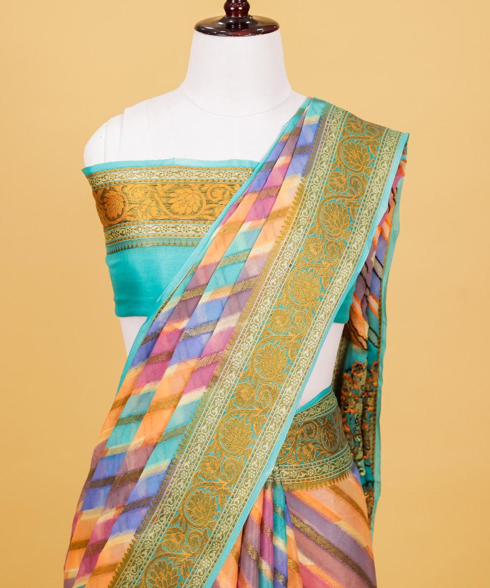 Teal green diagonal stripe silk handwoven banarasi saree