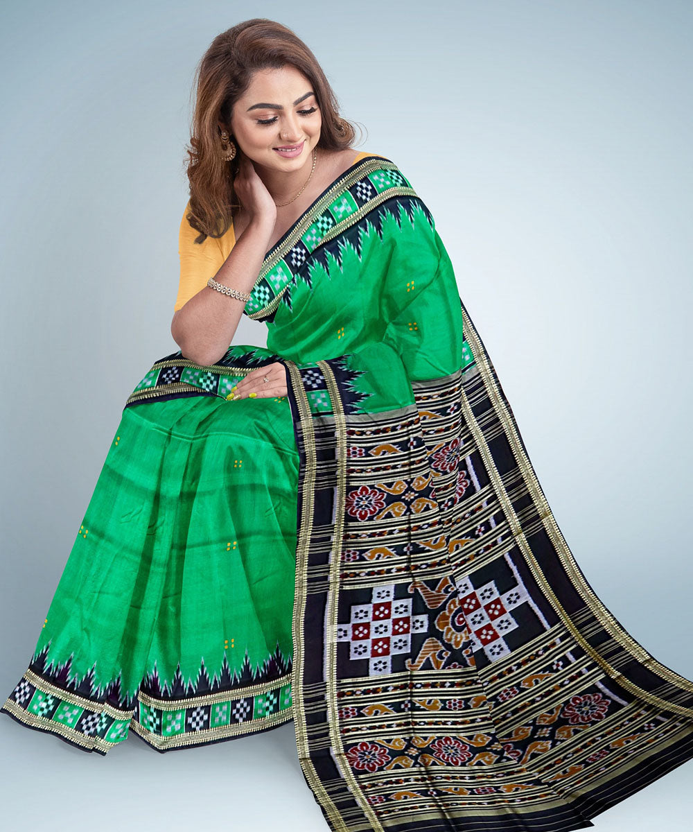 Green black silk handwoven khandua saree