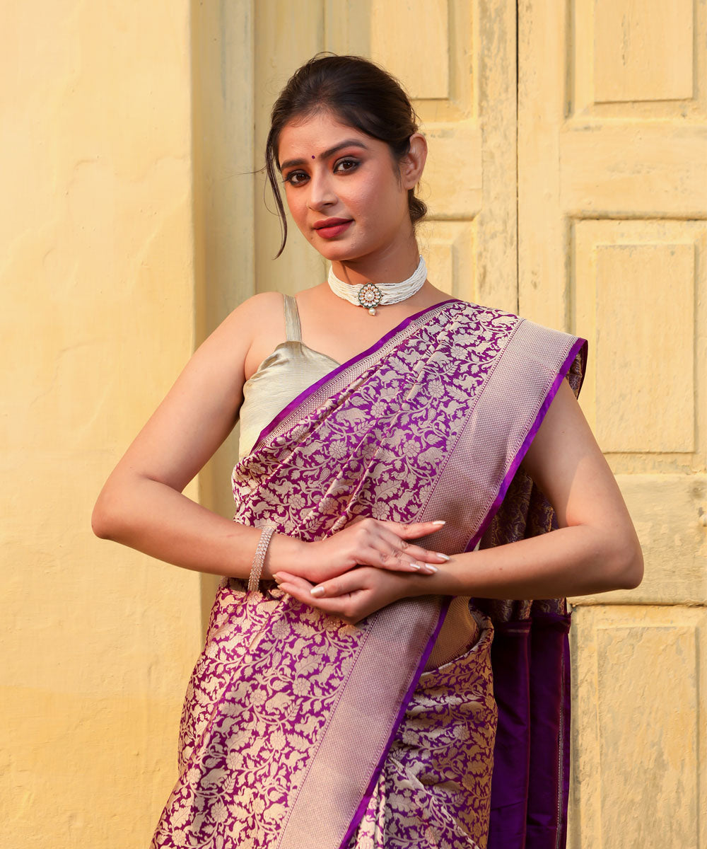 Purple handloom silk banarasi saree