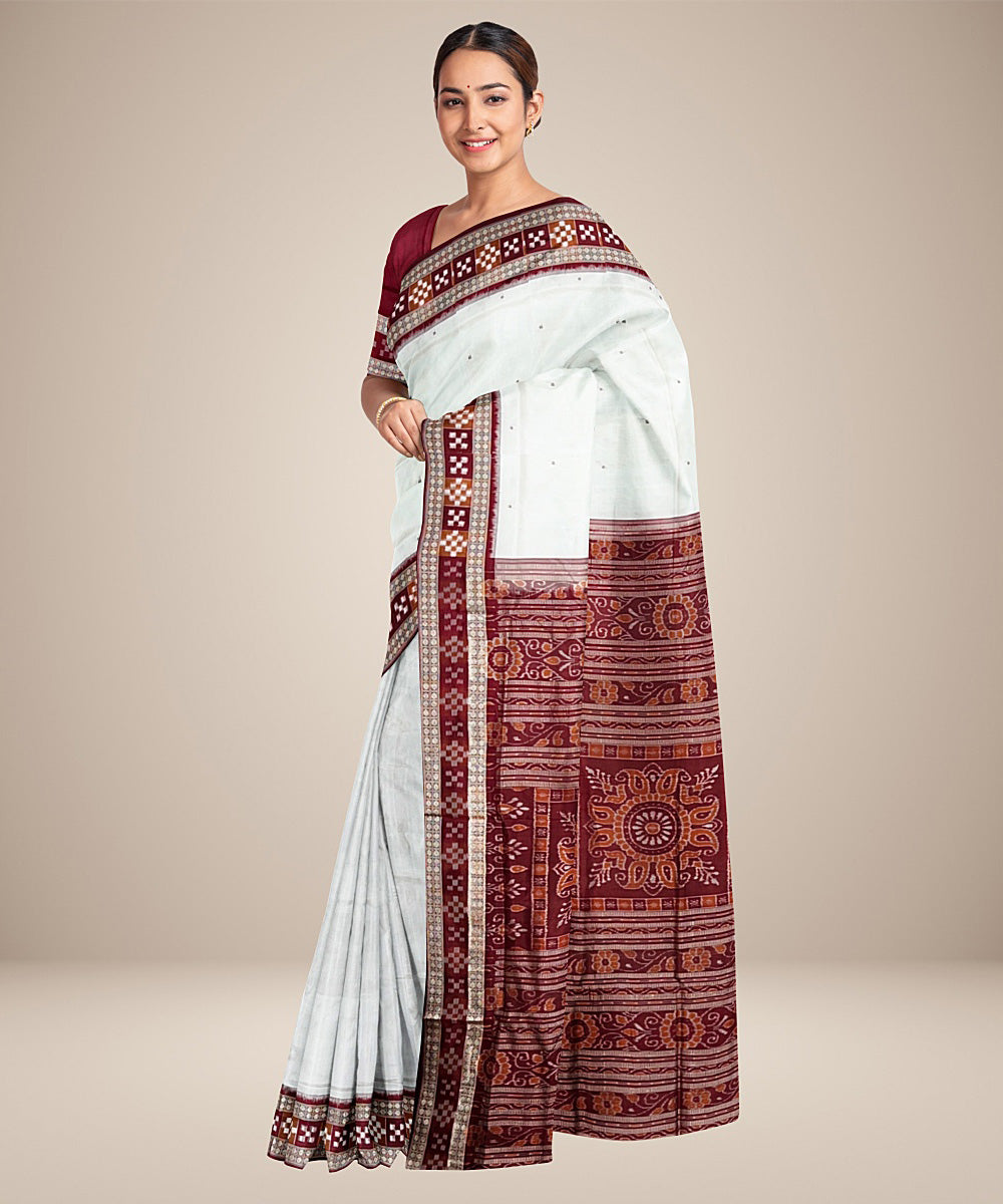 White maroon silk handwoven sambalpuri saree