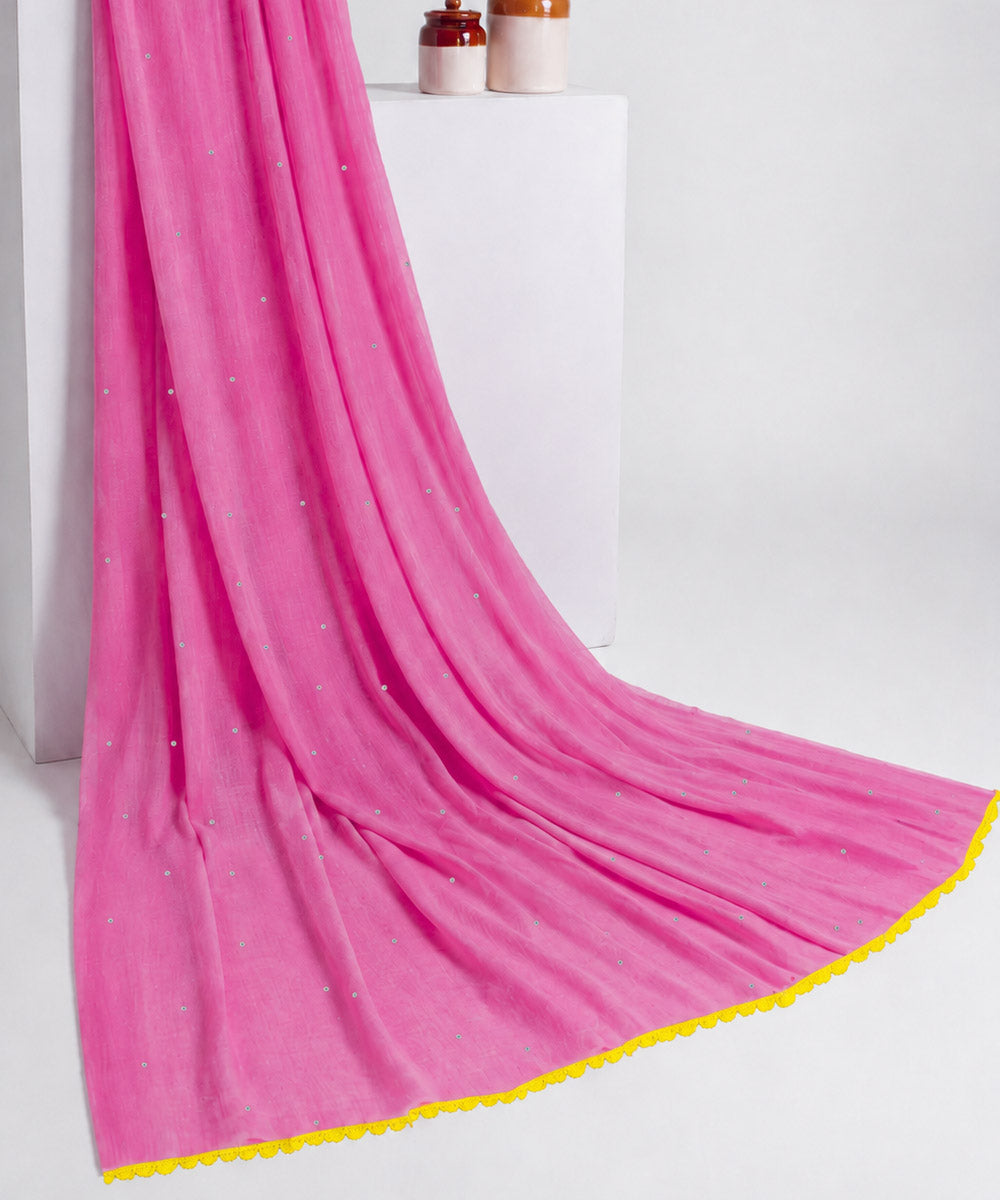 Pink yellow crochet mukaish cotton saree