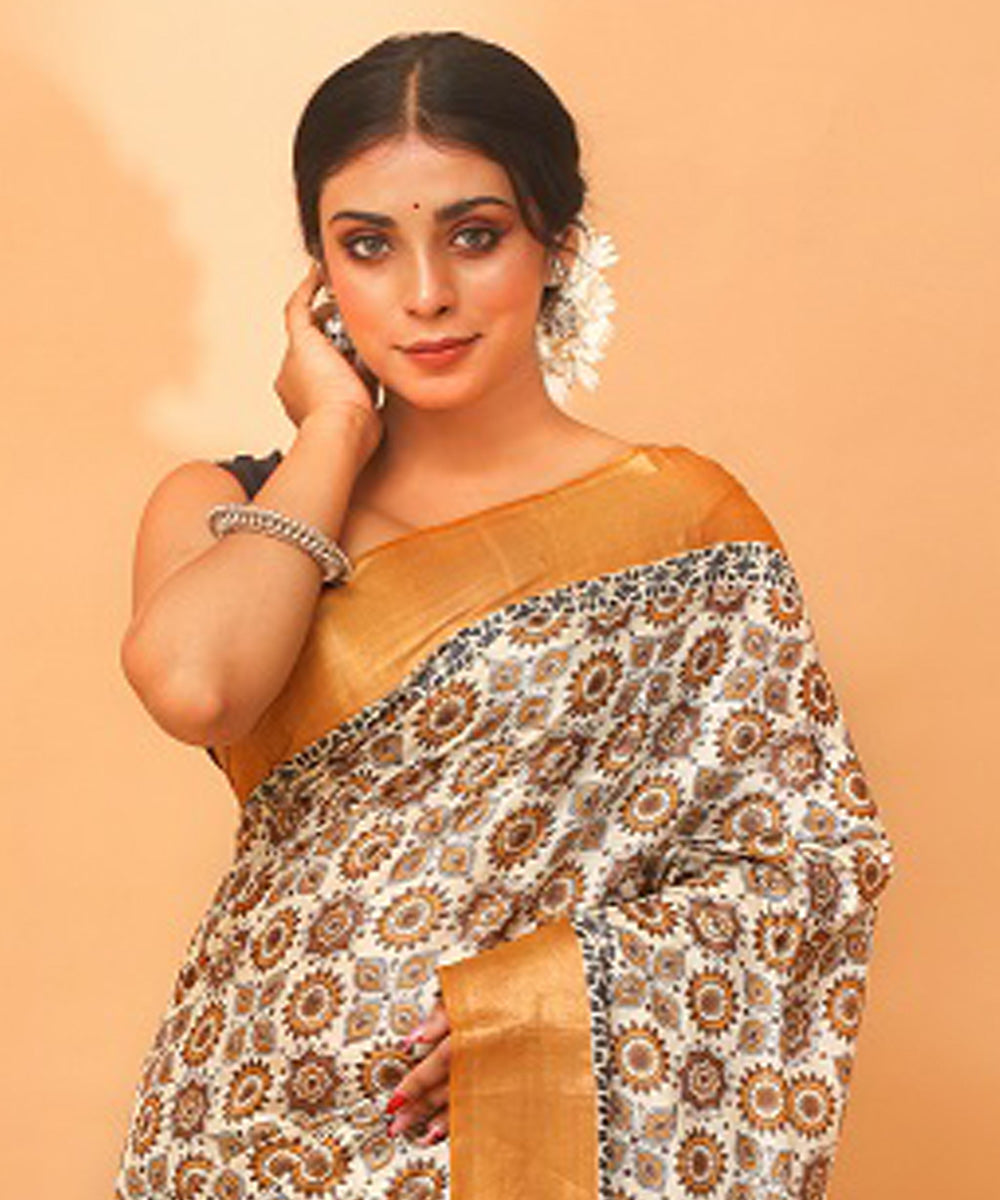 Mustard white chhattisgarh handloom tussar silk saree