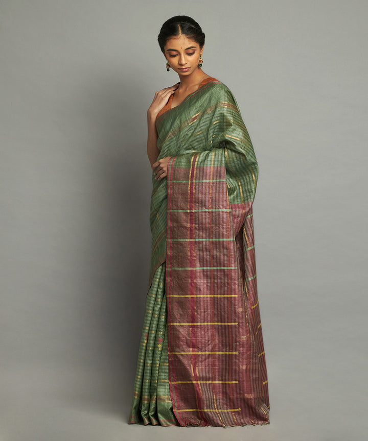 Olive green tussar silk hand woven chhattisgarh kosa saree