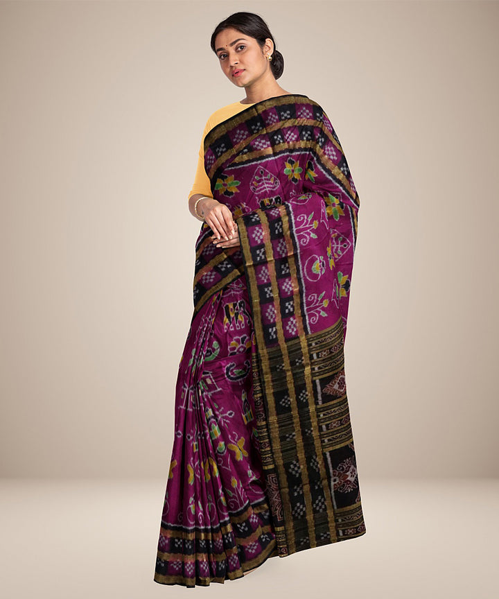 Purple pink black silk handwoven nature inspired khandua saree