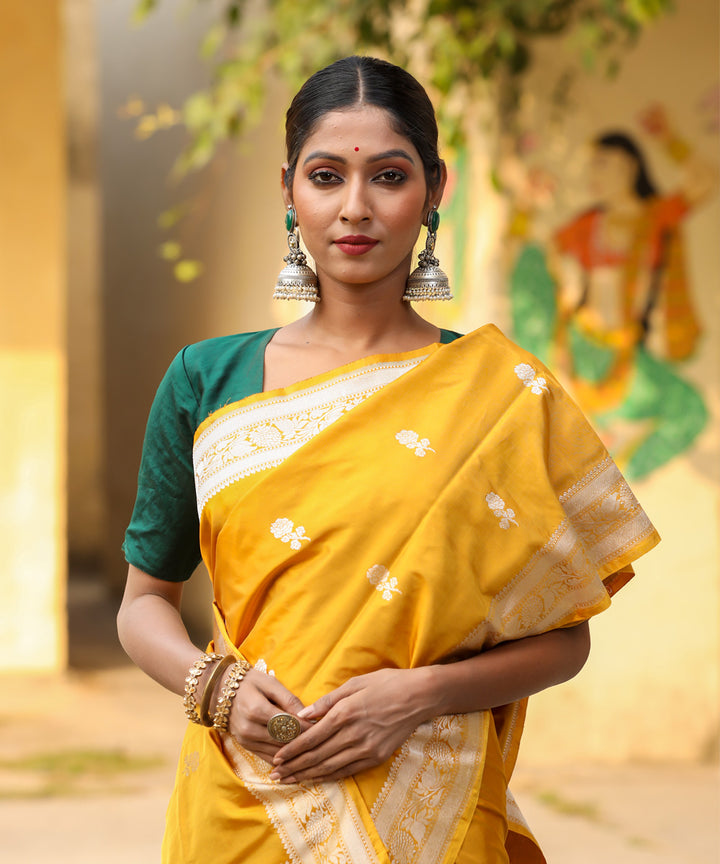 Mustard yellow silk handwoven banarasi saree