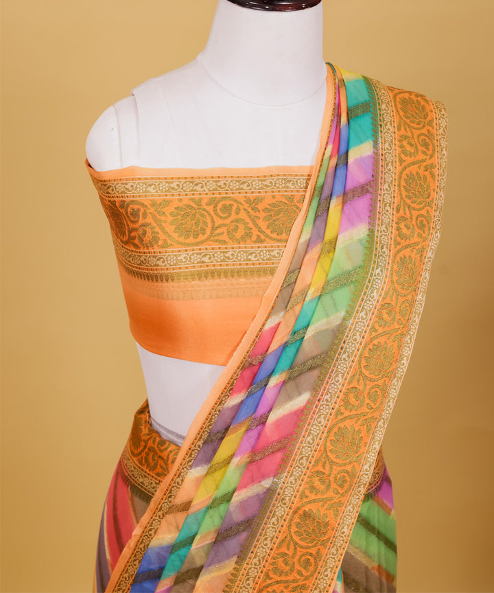 Orange diagonal stripe handwoven silk banarasi saree