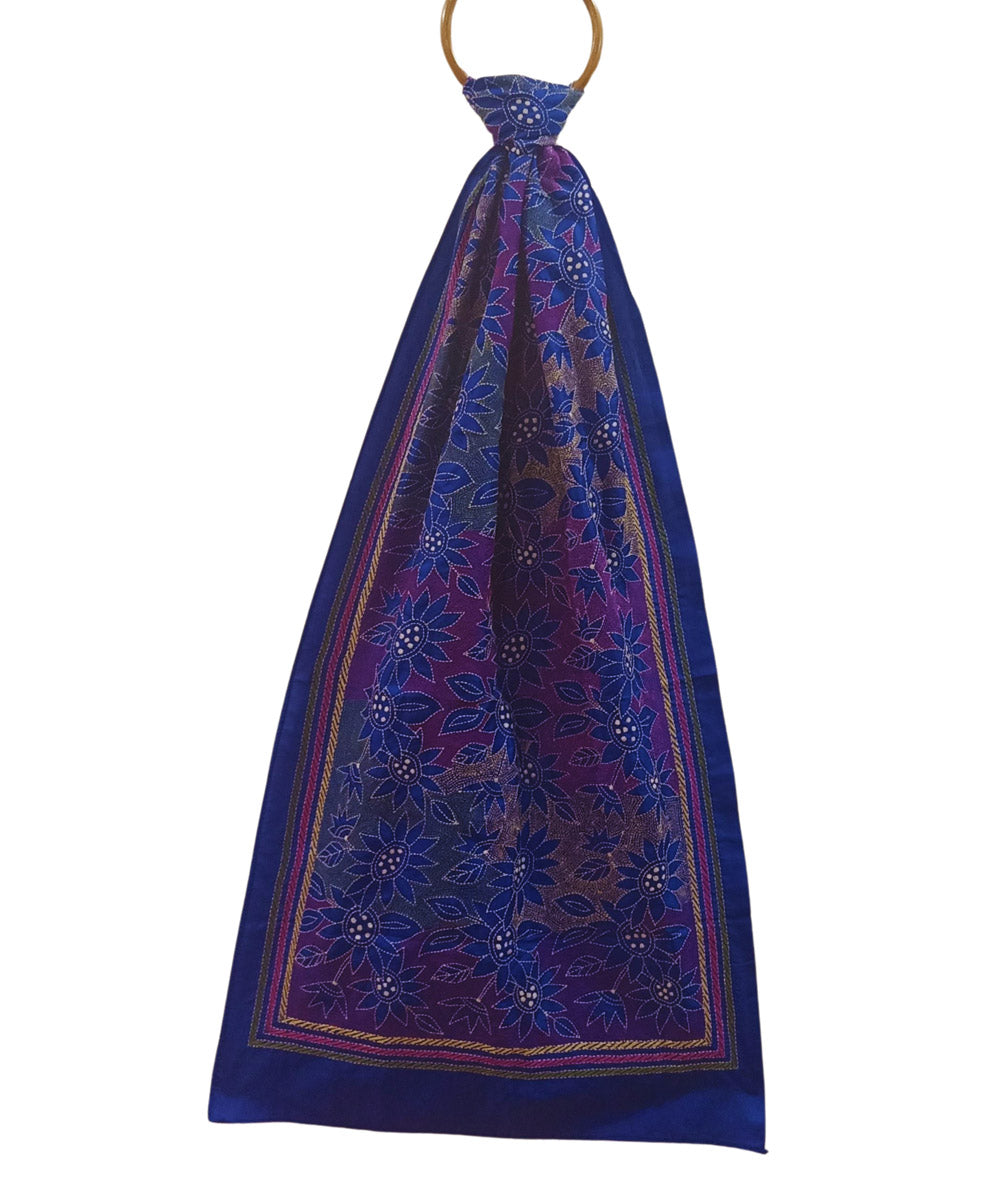 Navy blue multicolor thread kantha stitched handwoven silk stole