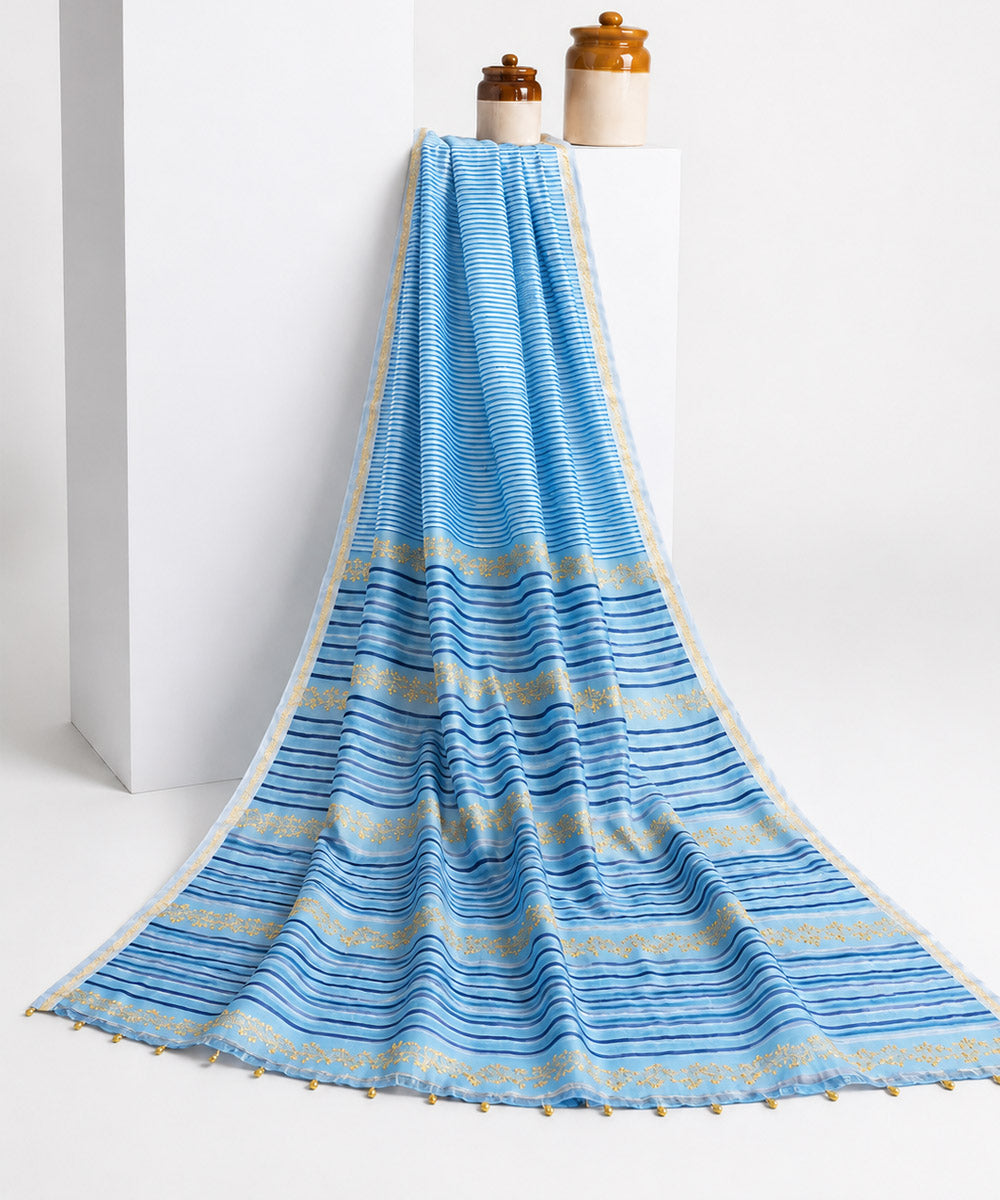 Sky blue golden hand embroidered chanderi silk saree