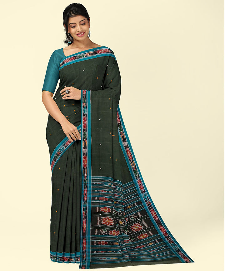 Dark green green cotton handwoven nuapatna saree