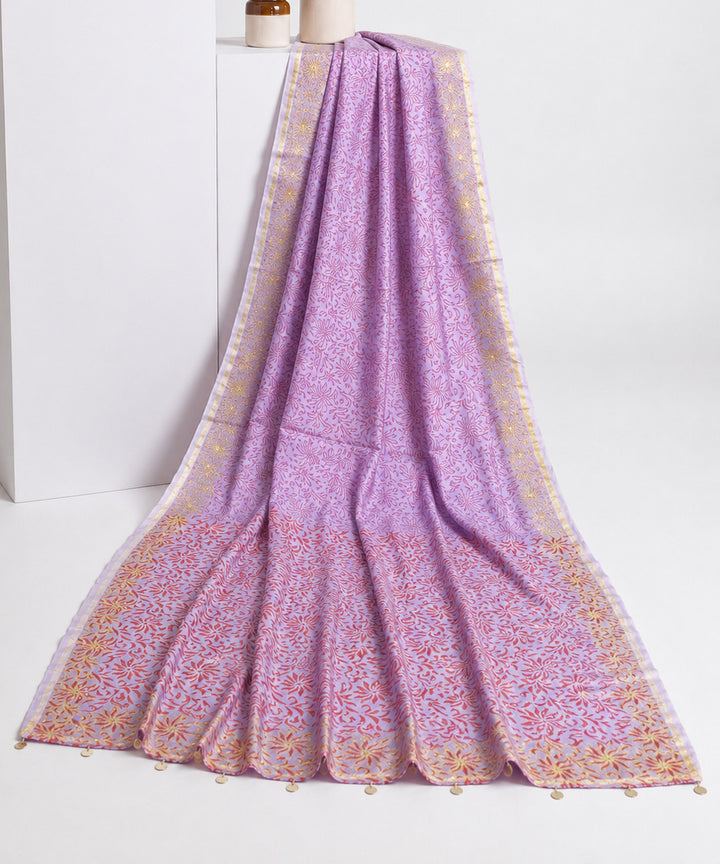 Pink orange hand embroidered chanderi silk saree