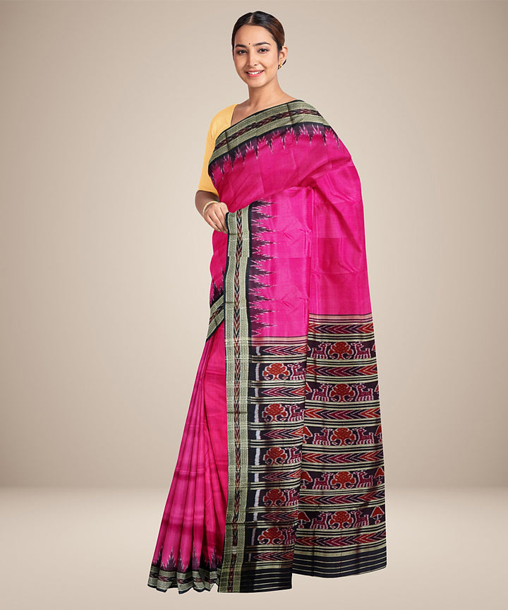 Pink black silk handwoven khandua saree