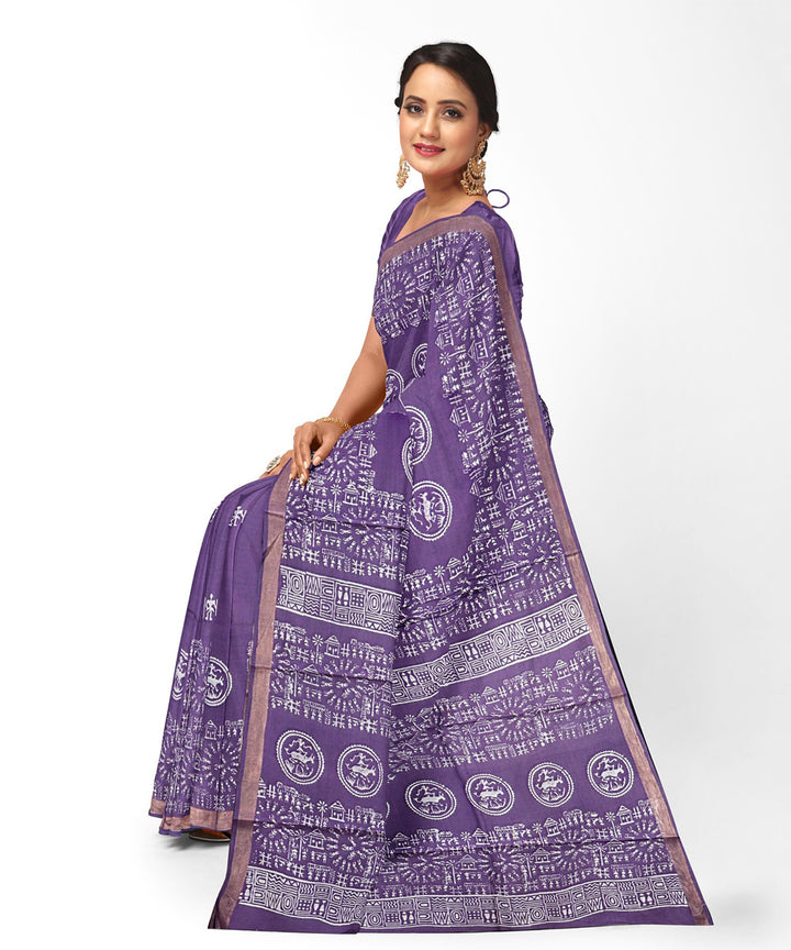 Dark lavender temple border tussar silk handwoven odisha ikat saree