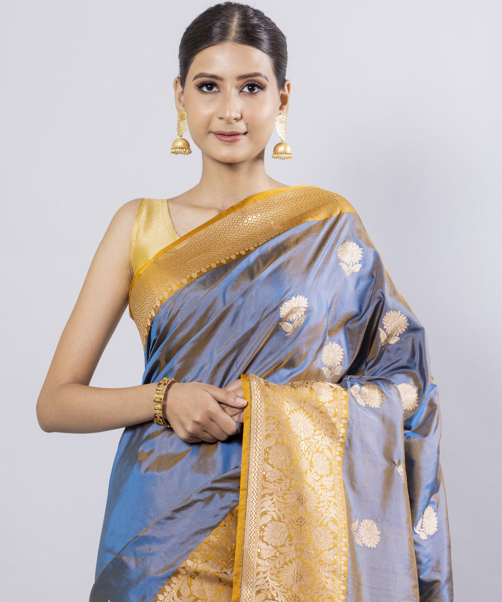 Indigo mustard border silk handwoven banarasi saree