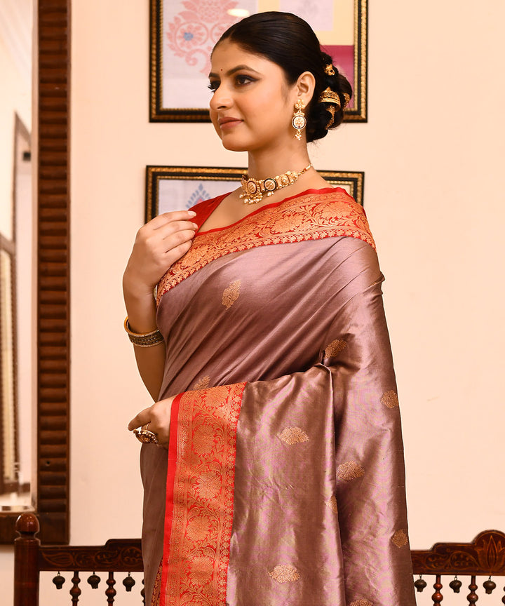 Lavender red silk handwoven banarasi saree