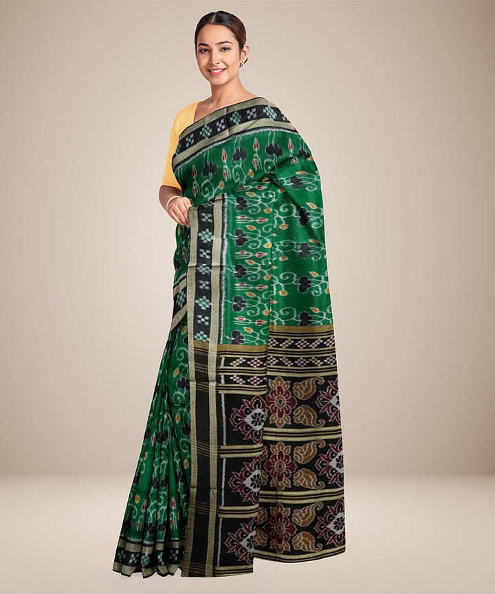 Dark green black silk handwoven nature inspired khandua saree