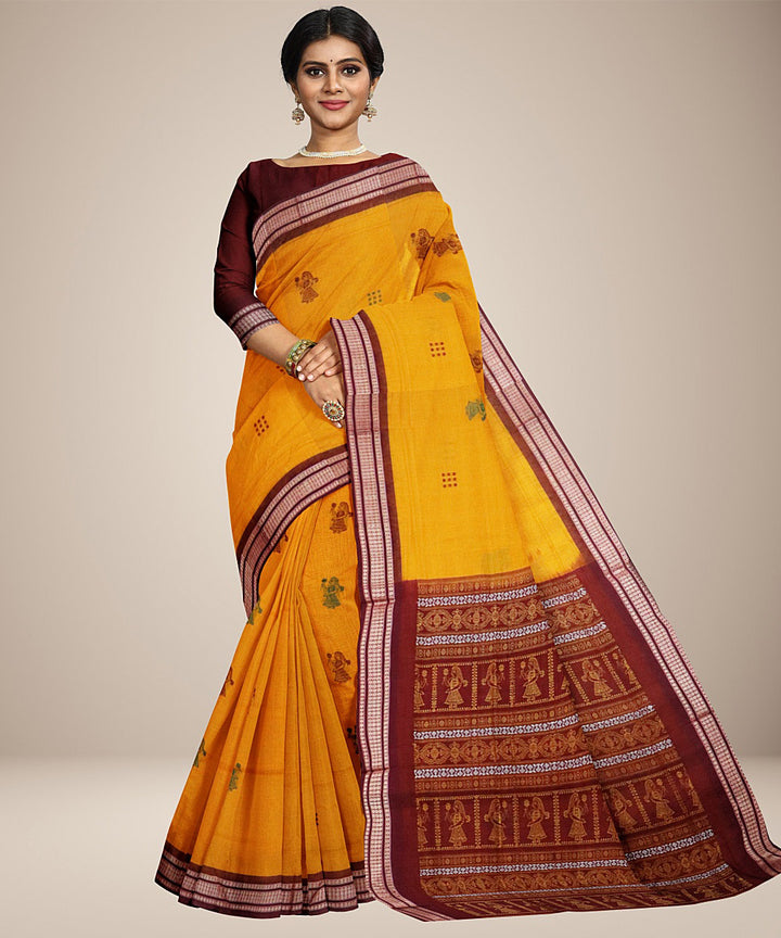 Yellow red cotton handwoven bomkai saree