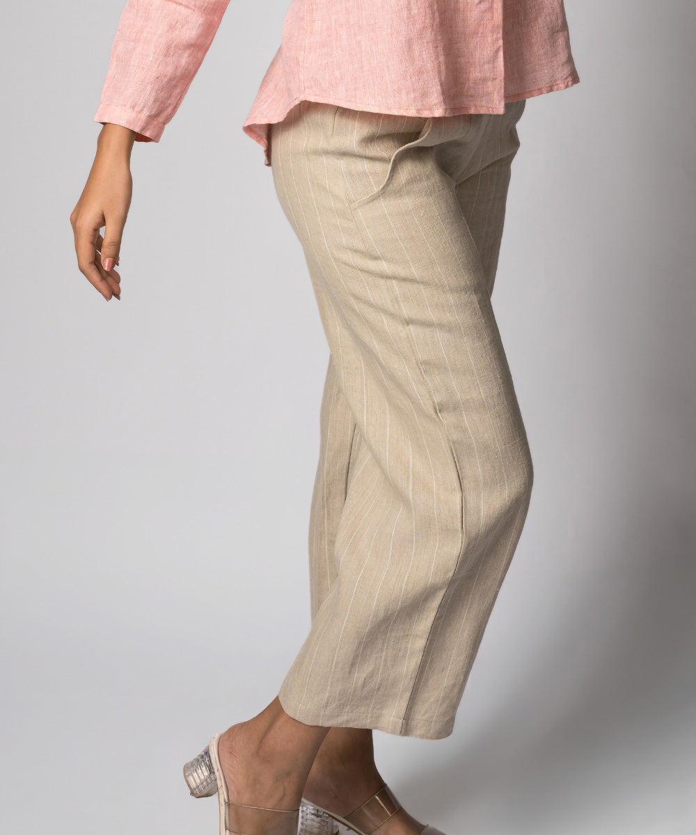 Beige stripe handwoven linen trousers