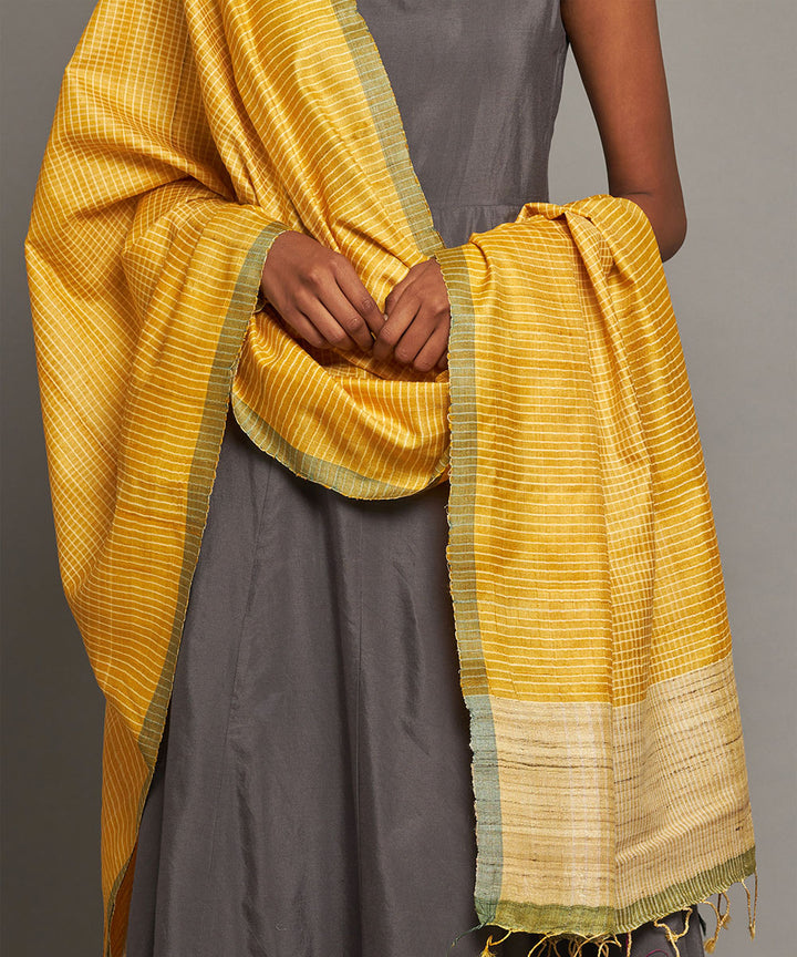 Yellow beige handwoven kosa silk dupatta