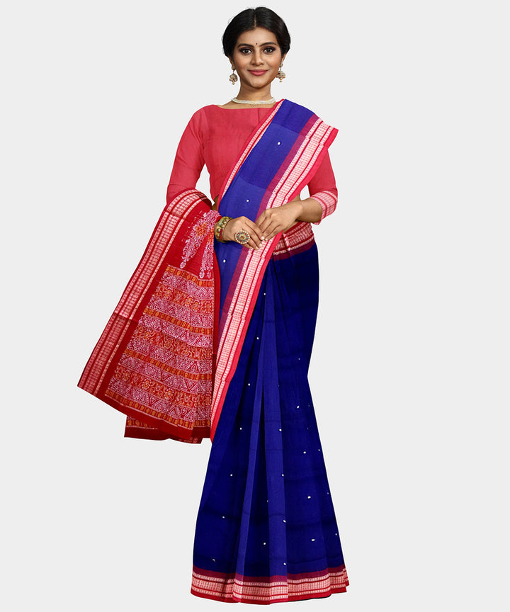 Navy blue red cotton handwoven bomkai saree