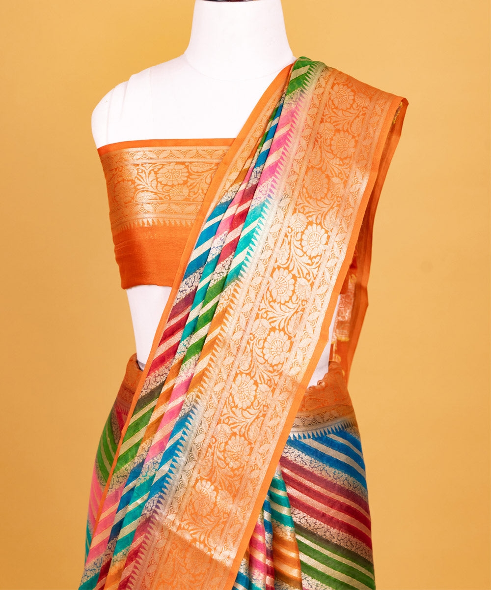 Orange diagonal stripe silk handwoven banarasi saree