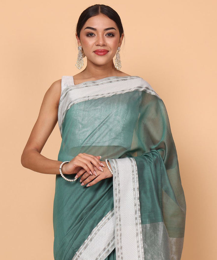 Green offwhite cotton silk handloom maheshwari saree