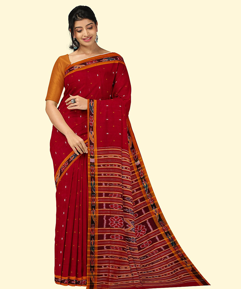 Red yellow cotton handwoven nuapatna saree