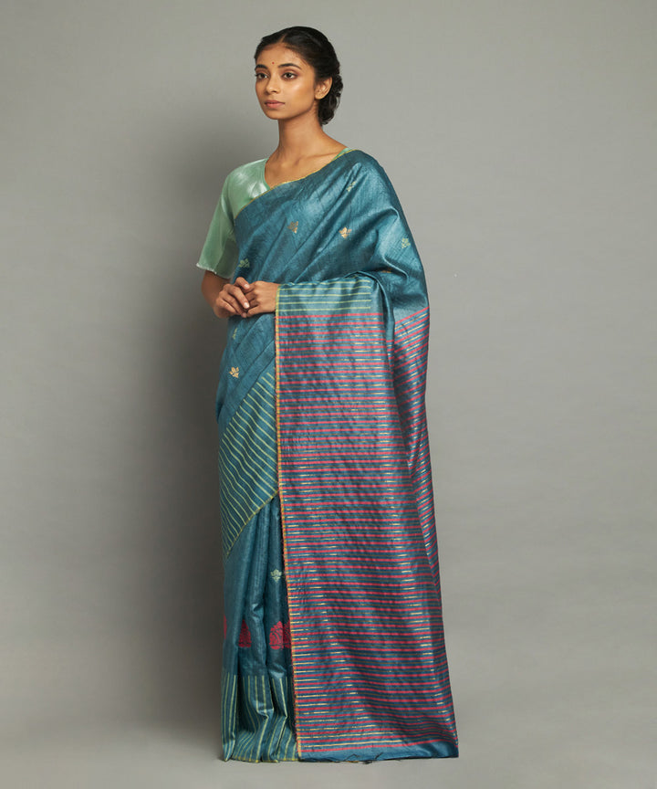 Indigo blue tussar silk hand woven chhattisgarh kosa saree