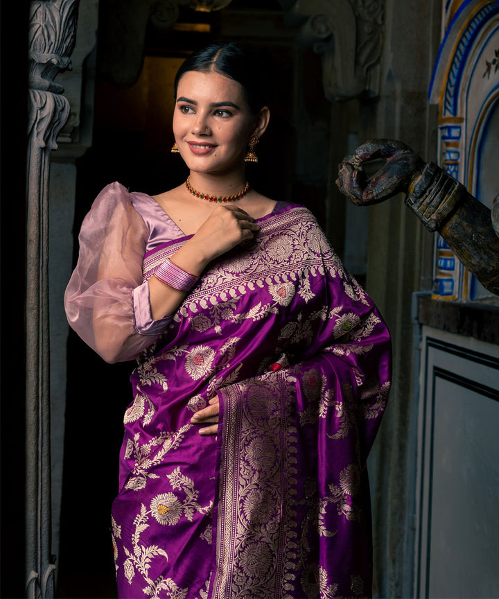 Purple jangla silk handwoven banarasi saree