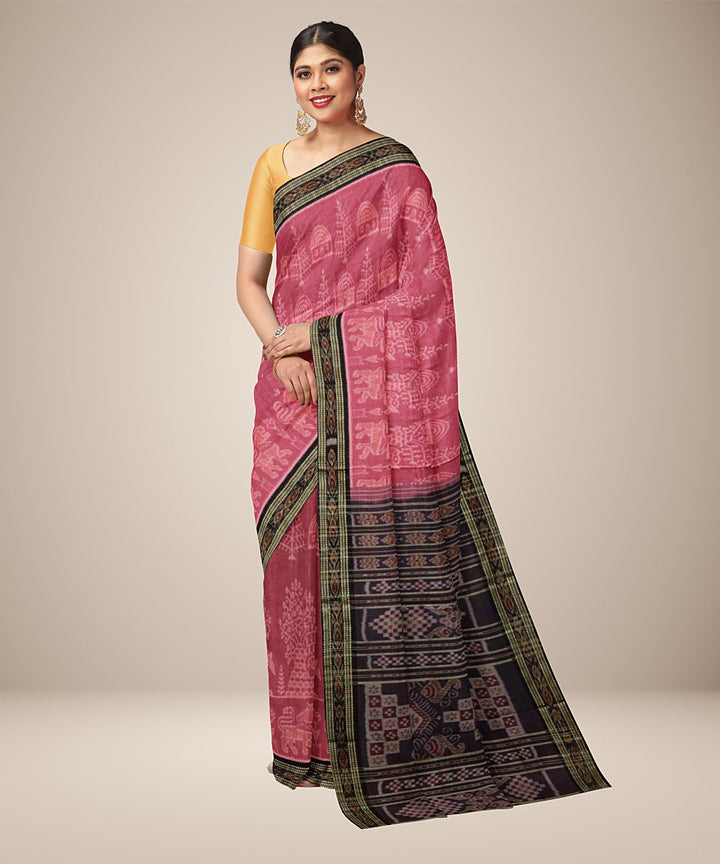 Pink black tree motif cotton handwoven nuapatna saree