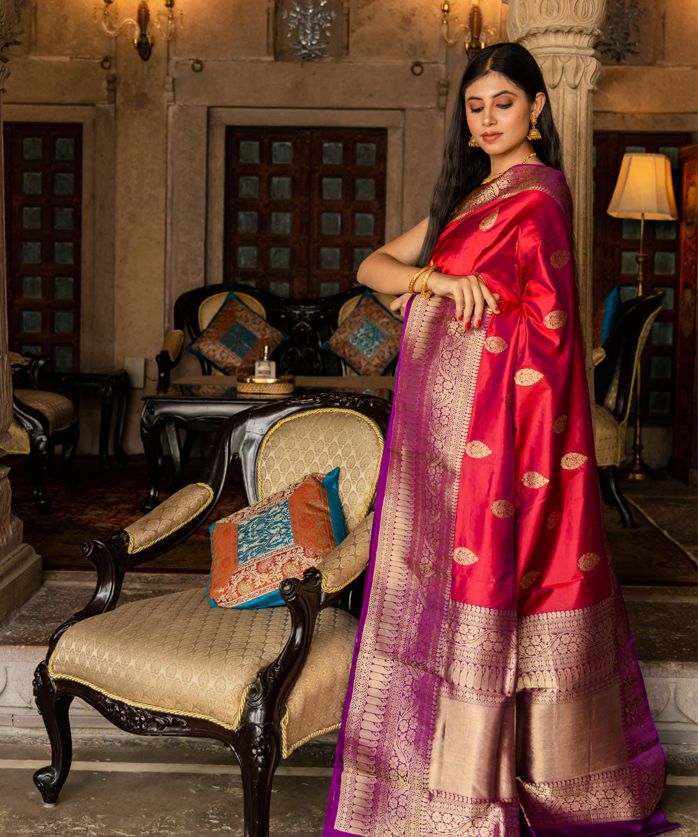 Red purple silk handwoven banarasi saree