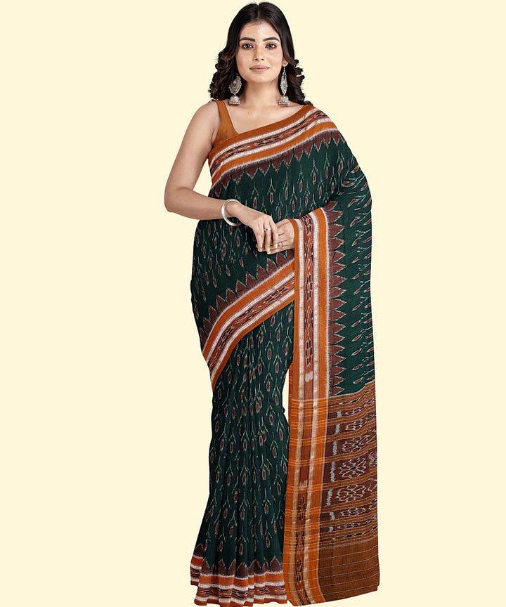 Dark green brown cotton handwoven nuapatna saree