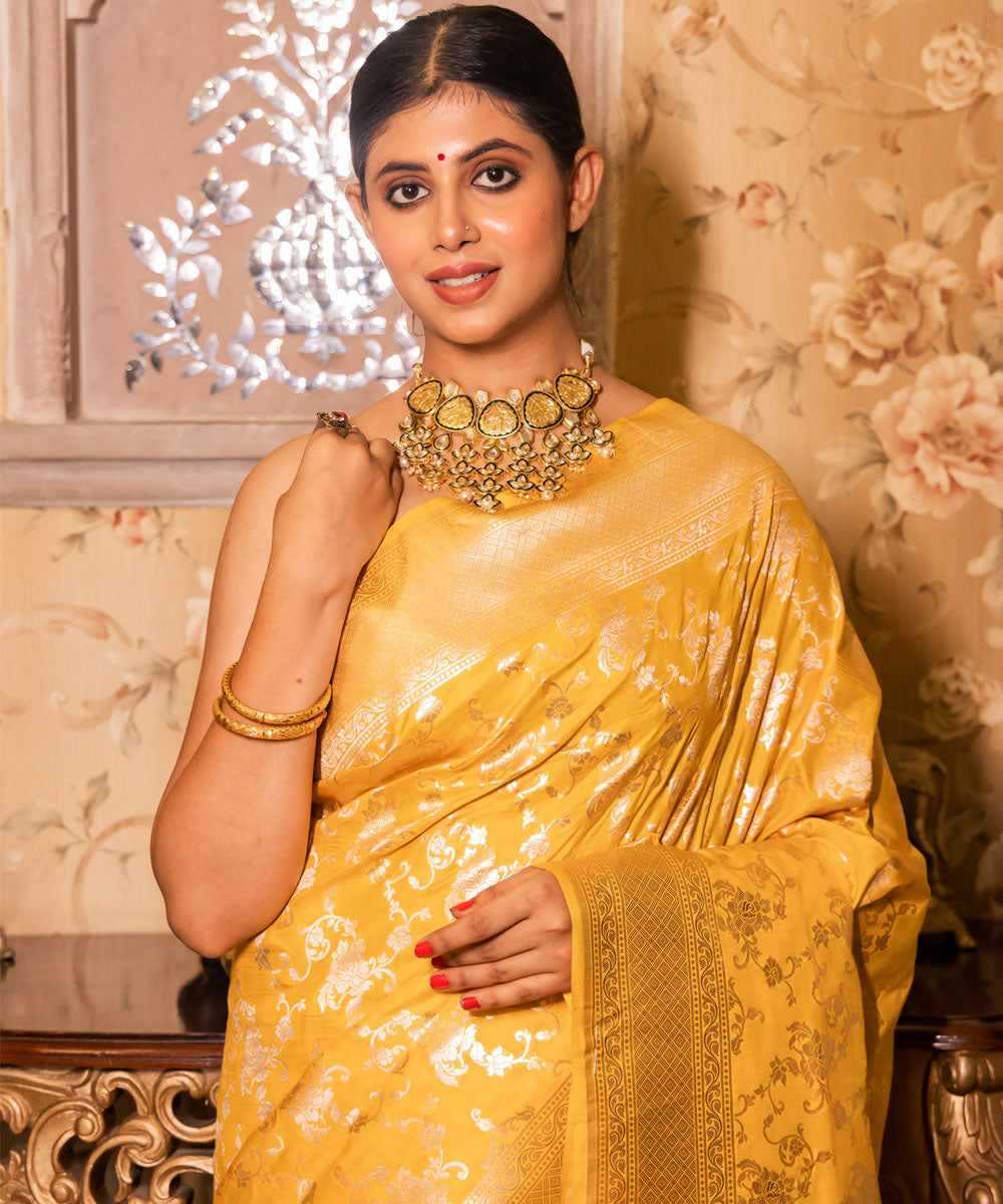 Yellow handwoven silk banarasi saree