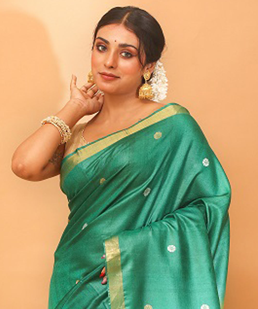 Dark green yellow chhattisgarh handloom tussar silk saree